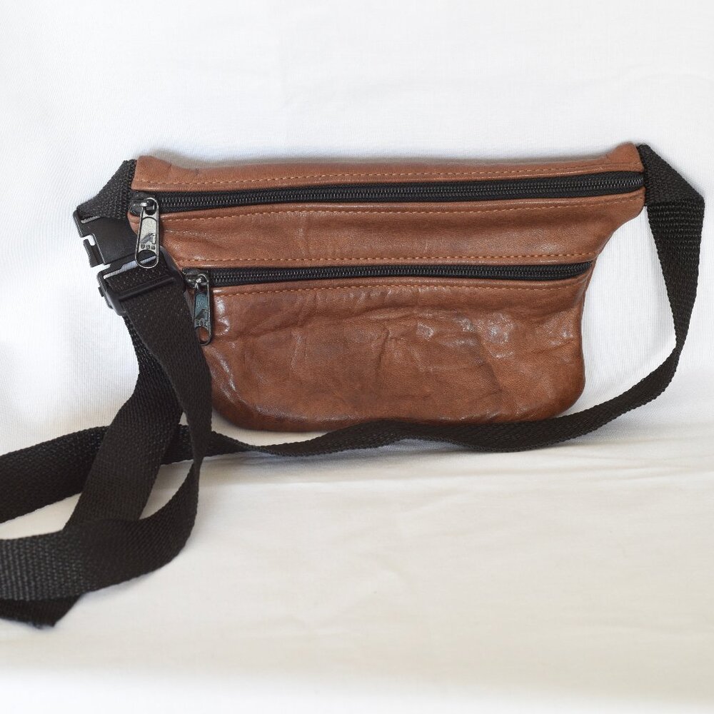 Small Brown Leather Waist Bag With Two Zippered Pockets - USA